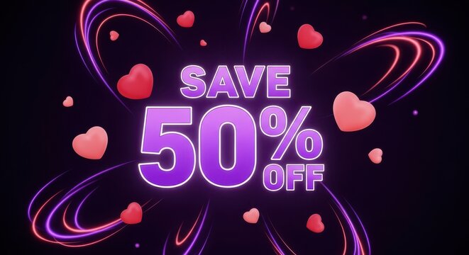 Glowing 50 percent off sale offer with vibrant hearts and swirls