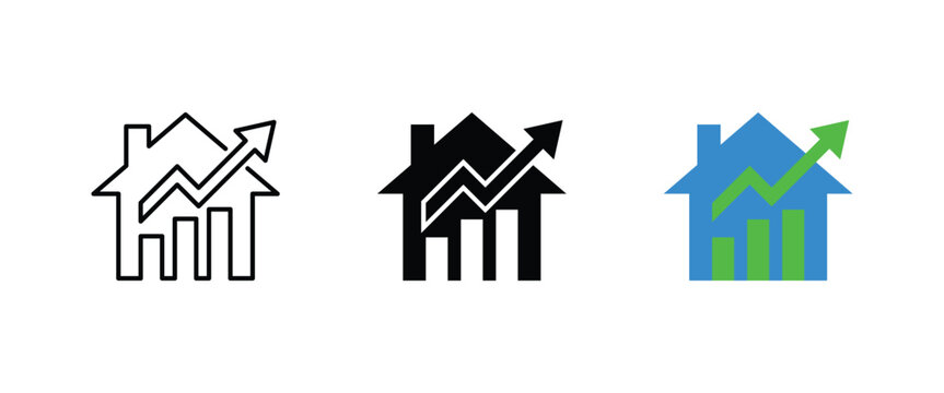Real estate market trend with house and growth arrow, property value increase, home mortgage finance success and housing statistics chart icon set, business vector illustration