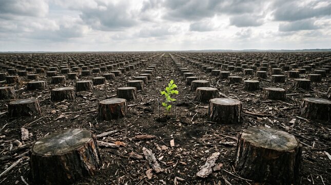 Single green sapling growing among tree stumps in deforested landscape