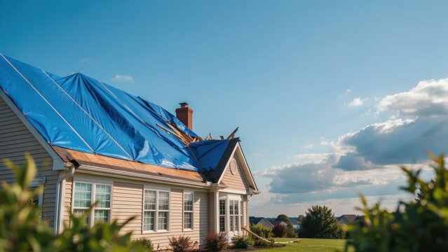 Stunning photo of Severely damaged roof of a suburban home covered with blue tarp for emergency protection
