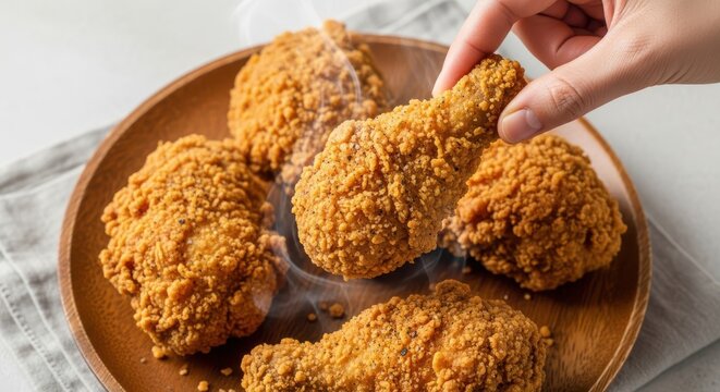 Crispy fried chicken in a rustic wooden bowl