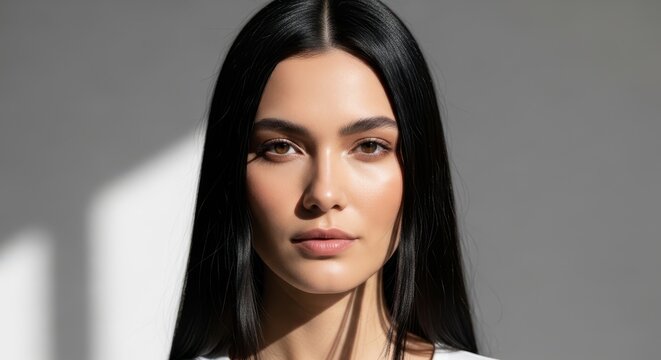 Elegant portrait of a woman with long dark hair and neutral makeup