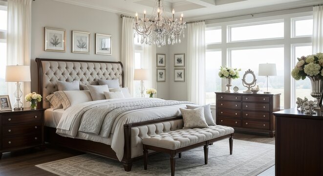 Elegant bedroom with built-in seating and natural lighting