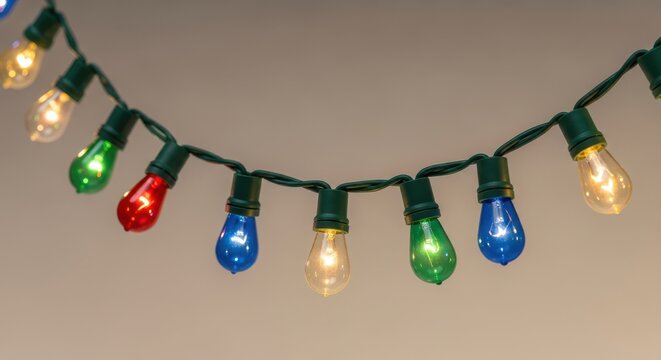 Colorful string lights with illuminated bulbs in festive colors