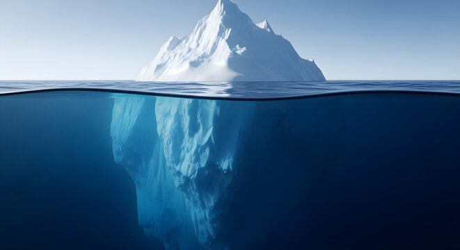 Iceberg floats serenely under clear blue ocean water with a glacier peak rising above the surface in a serene natural landscape.