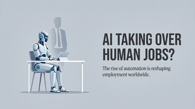 AI taking over human jobs concept, robot working at office desk with laptop, automation reshaping employment and future of work