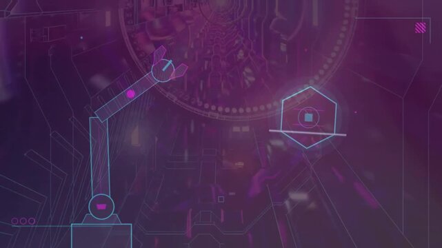 Robotic Arm Manipulating Digital Interface in Futuristic Data Tunnel