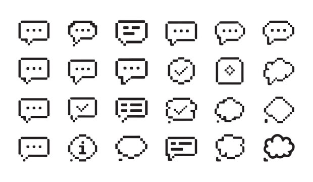 Various pixel art speech bubble icons set for digital chat interfaces and mobile messaging.