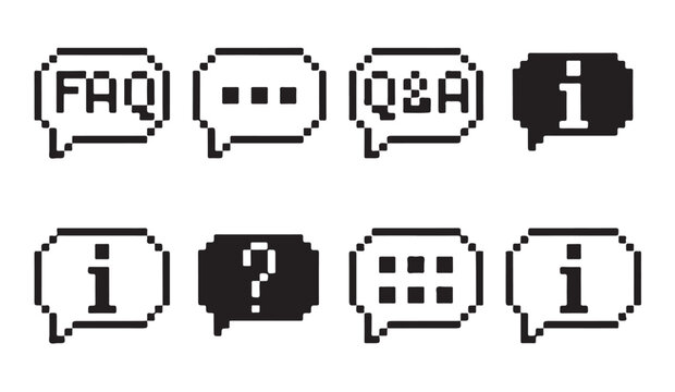 Collection of pixel art bubbles with FAQ and information symbols for website help sections.