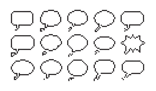 Collection of pixelated talk clouds and burst bubbles for retro video game dialogue interface.
