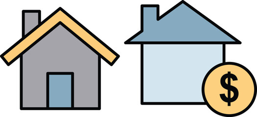 Simple house with dollar sign symbolizing home value or mortgage blue gray yellow roof © SULTANA