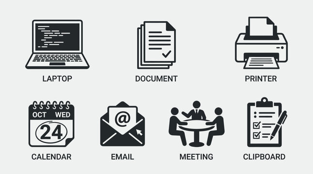 A business meeting takes place with a laptop, document, and printer nearby, using a calendar, email, and clipboard.