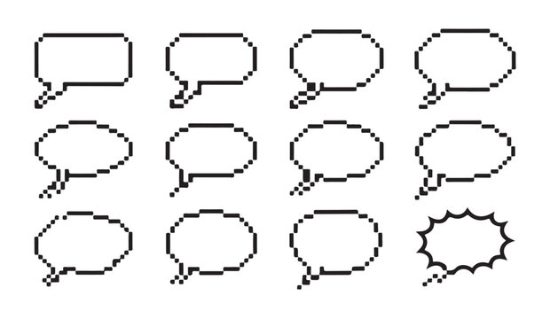 Pixelated speech bubble vector set retro chat message icons blank conversation boxes collection.