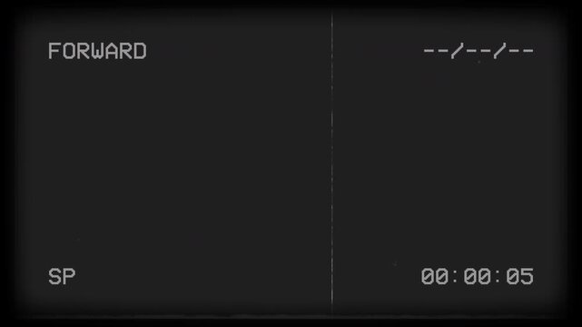Vintage vhs forward playback screen with analog glitch and timecode