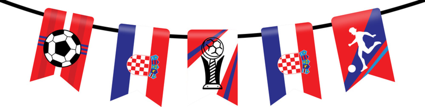 Croatian national team bunting features flags, football ball, trophy, and athletes. Perfect for sports events, fan merchandise, publications.