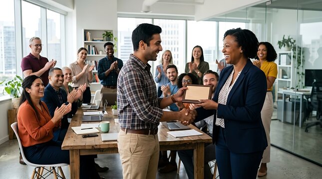 Manager presenting employee recognition award to team member in office