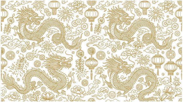 Traditional chinese dragon pattern with golden line art and symbols.