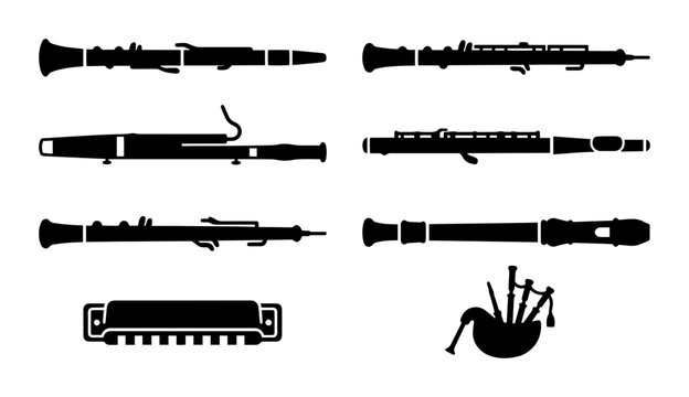 Woodwind and Folk Musical Instruments Collection, Vector Silhouettes of Flutes, Oboe, Bassoon, Harmonica, Bagpipes, Music Icons