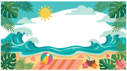 Obraz premium Summer beach background with ocean waves and palm leaves.