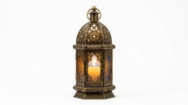 Vintage decorative metal lantern with glowing warm light isolated on white background decoration ornamental illumination interior moroccan oriental homeware aesthetic isolated