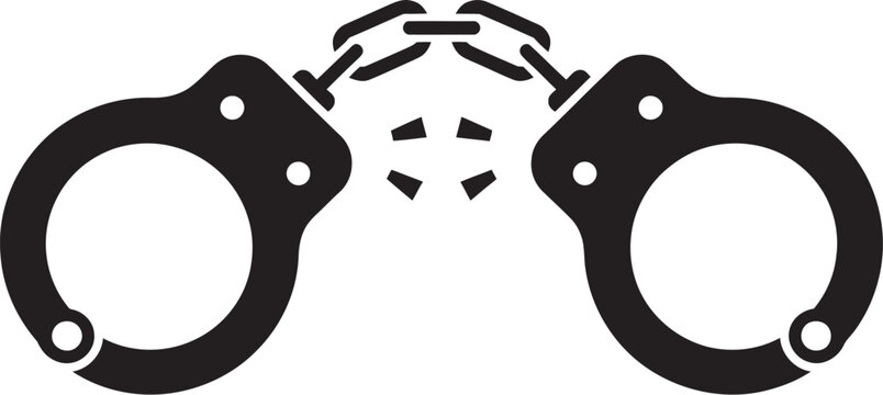 Broken handcuffs, black and white vector illustration featuring a shattered pair of handcuffs symbolizing freedom, liberation, justice, independence, and release from confinement