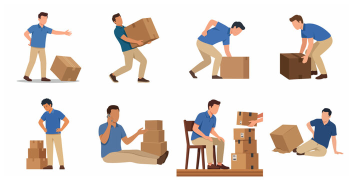 Set of delivery man character lifting heavy boxes with back pain, correct and incorrect posture, ergonomics and warehouse safety vector illustrations.