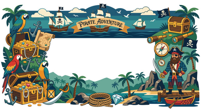 Pirate adventure themed border frame with treasures ships and a captain.