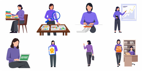 Fototapeta premium Businesswoman Accountant Auditor Character Set performing Financial Data Analysis and Office Tasks