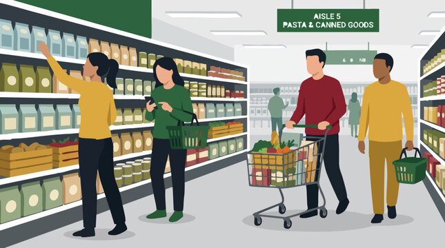 People shopping for groceries in a supermarket aisle with full shelves