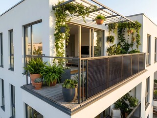 Fototapeta premium Modern apartment balcony with lush greenery and potted plants on railing