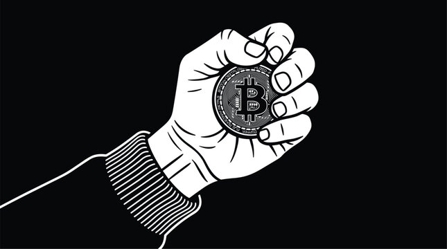 Bitcoin hand vector illustration with coin grip, blockchain symbol, cryptocurrency finance, and digital currency design