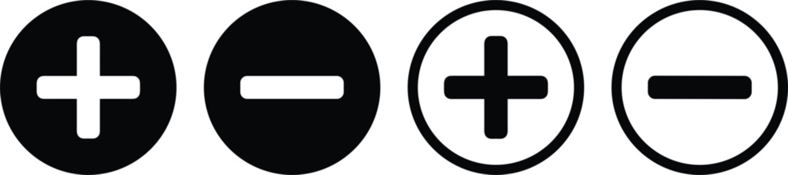 Plus and Minus Symbol Icon Collection Featuring Add Remove Increase and Decrease Buttons in Filled and Outline Styles