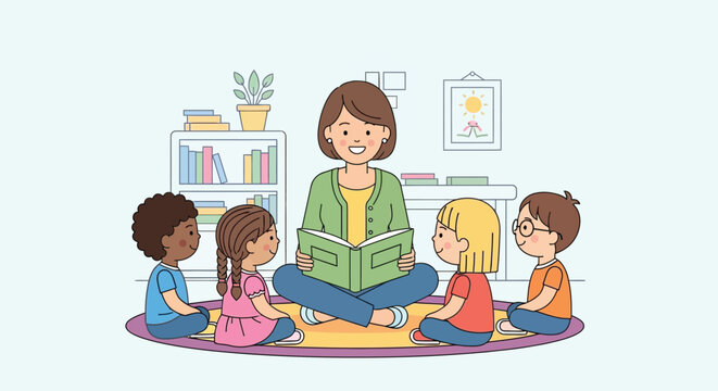 Teacher reading to children in classroom setting colorful vector illustration silhouette instructor educator pedagogue pupil student child kid youth learning