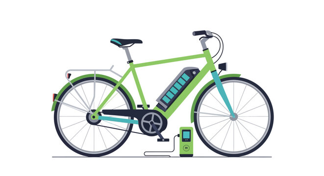 A green electric bicycle with a battery pack and charging station flat vector silhouette bike ebike vehicle transportation cycle pedal