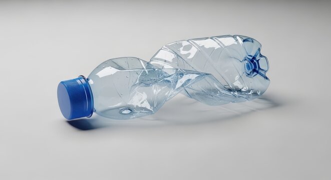 Crushed plastic bottle with blue cap lying on a flat surface