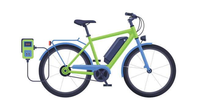 Electric bicycle and charging station flat vector illustration with a dark silhouette bike ebike vehicle transportation mobility charge station power