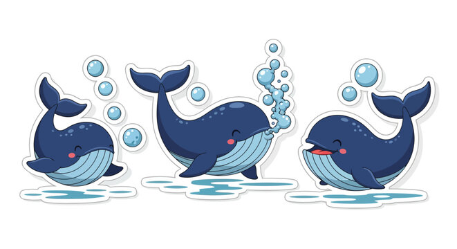 Three blue whale silhouettes swim amongst bubbles and water splashes a cheerful vector illustration silhouette whales baleen mammal marine ocean