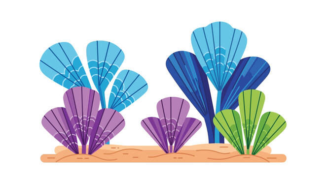 Stylized aquatic plants in shades of blue purple and green a flat vector silhouette flora vegetation underwater marine seaweed kelp