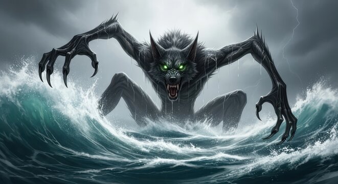 Mythical kraken emerging from stormy seas
