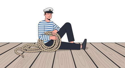 Sailor with coiled rope sitting on wooden planks a flat vector illustration silhouette seaman mariner nautical nautic ocean sea water © Creativeakash393