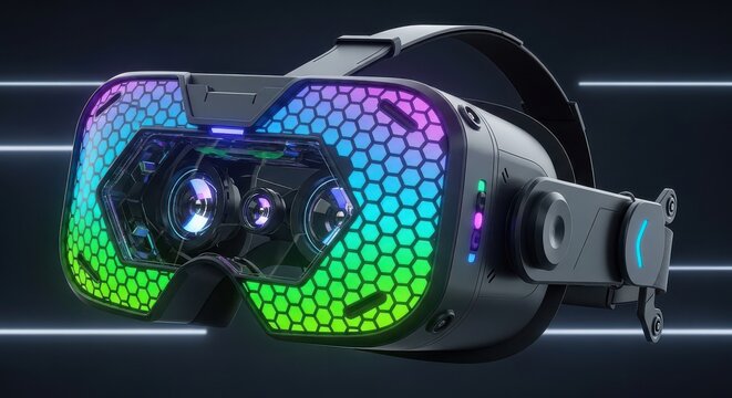 Futuristic virtual reality headset with hexagonal display pattern