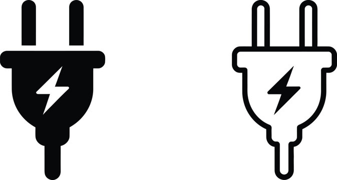 Electric plug icon set with solid black and outline power energy lightning bolt symbol collection