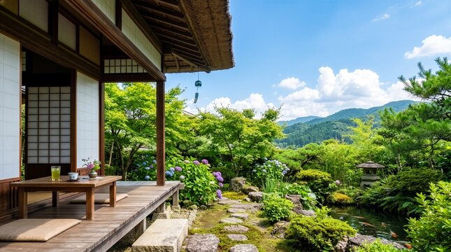 Traditional Japanese house porch overlooking a green garden with a pond and hydrangeas