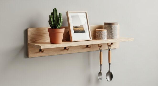 Minimalist wooden shelf with cactus, frame, and kitchen utensils