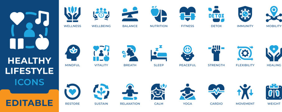 Healthy Lifestyle Solid Icon Set. Vector Symbols including Wellness Nutrition Fitness Yoga and Mental Health for web app UI.