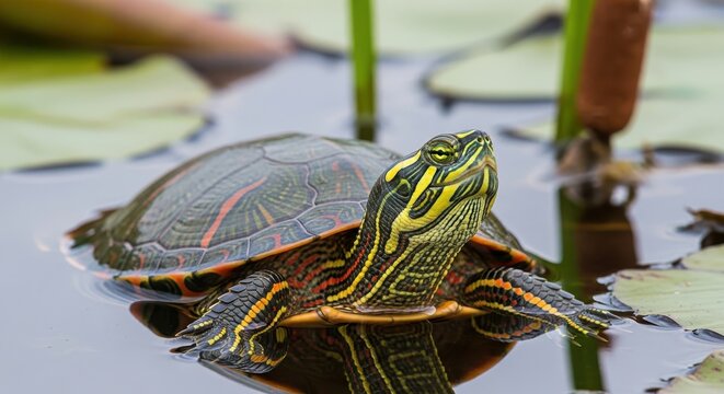 Turtle basking on a lily pad in a serene pond setting