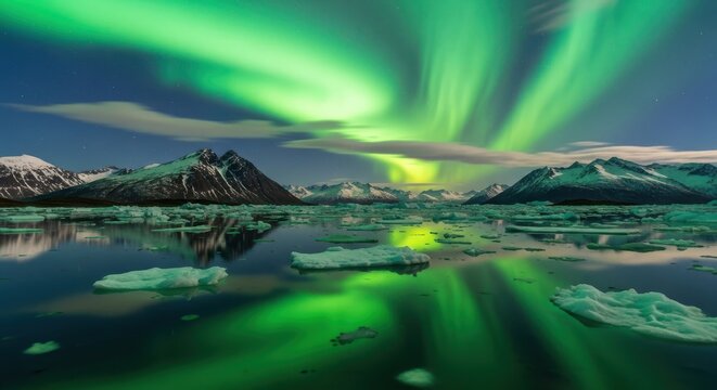 Northern lights dancing over serene glacial waters
