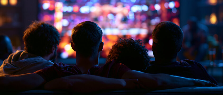  Back view of a group of friends hugging on a couch in a dark room, watching a wrestling match on a heavily blurred TV screen