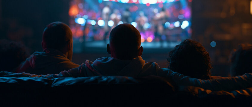 c back view of a group of male friends sitting together on a couch in a dark living room, watching a wrestling match on a television screen with colorful blurred bokeh lights at night