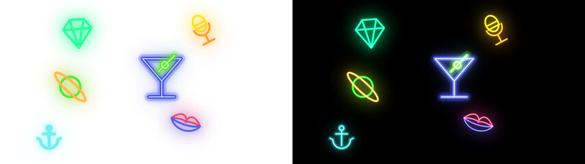 PNG image of Neon icon set with glowing symbols, colorful electric light illustrations of diamond, martini glass, planet, and anchor, vibrant nightlife graphics isolated on Transparent Background © TASNIMULHASSAN